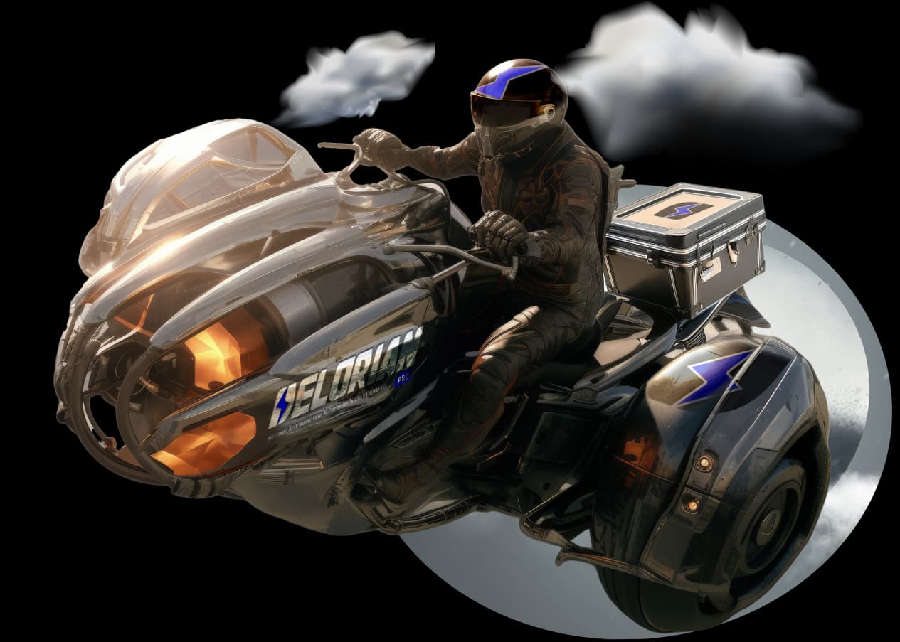 imagem de uma moto com design que remete a algo futurístico, com a logo da Delorian