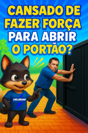 Imagem com o mascote da delorian, representado por uma raposa, apontando para um homem empurrando um portão