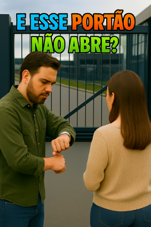 Imagem de um homem olhando para o relógio em seu pulso e uma mulher parados esperando o portão abrir